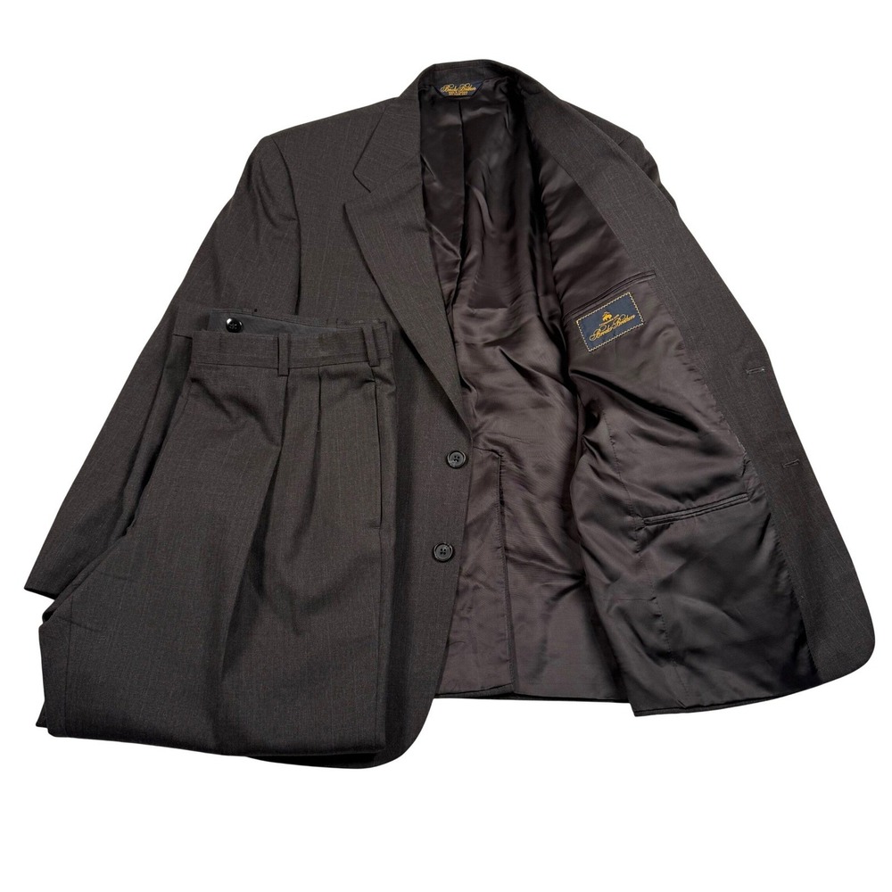 Brooks Brothers‎ Suit Mens Dark Gray Pure Virgin Wool Pleated Cuffed Two Piece